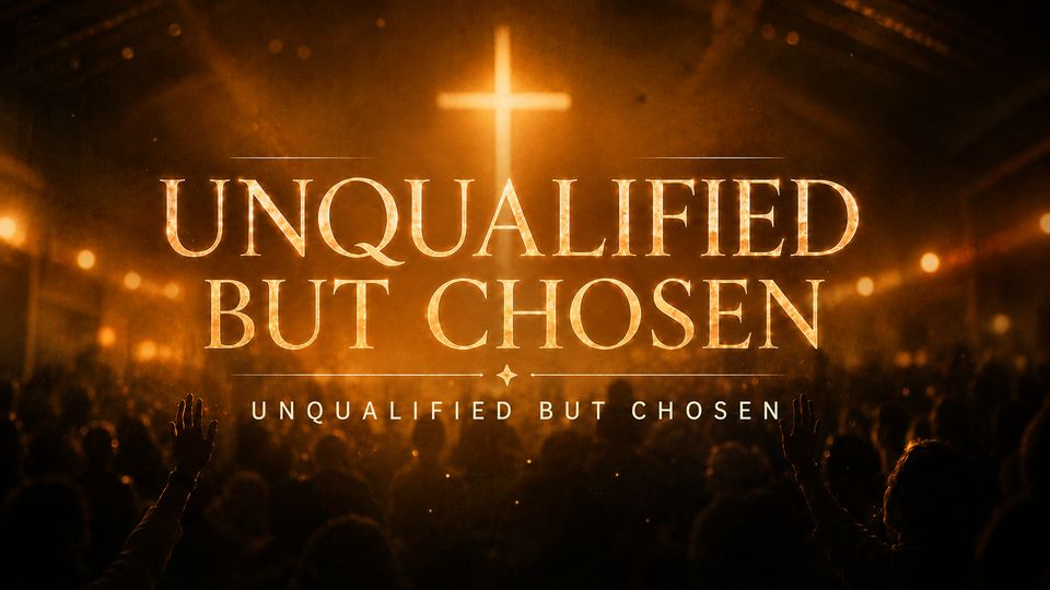 Unqualified But Chosen — a glowing cross inside a barn, worshippers silhouetted with raised hands